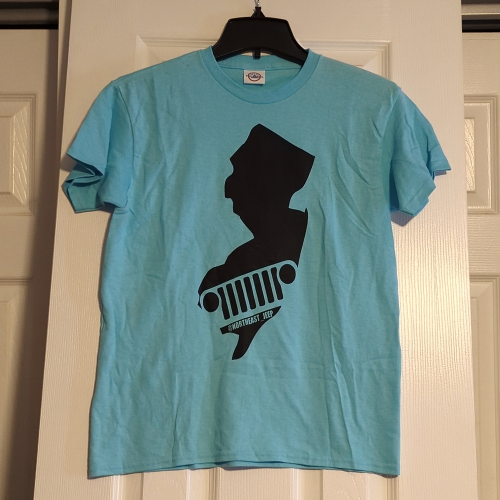 NWOT aqua screen printed Northeast Jeep/NJ short sleeve Delta youth L t-shirt